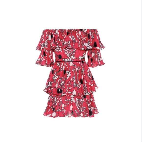 Self-Portrait Tiered Off The Shoulder Mini Dress Red Floral Size 0 - Picture 3 of 9